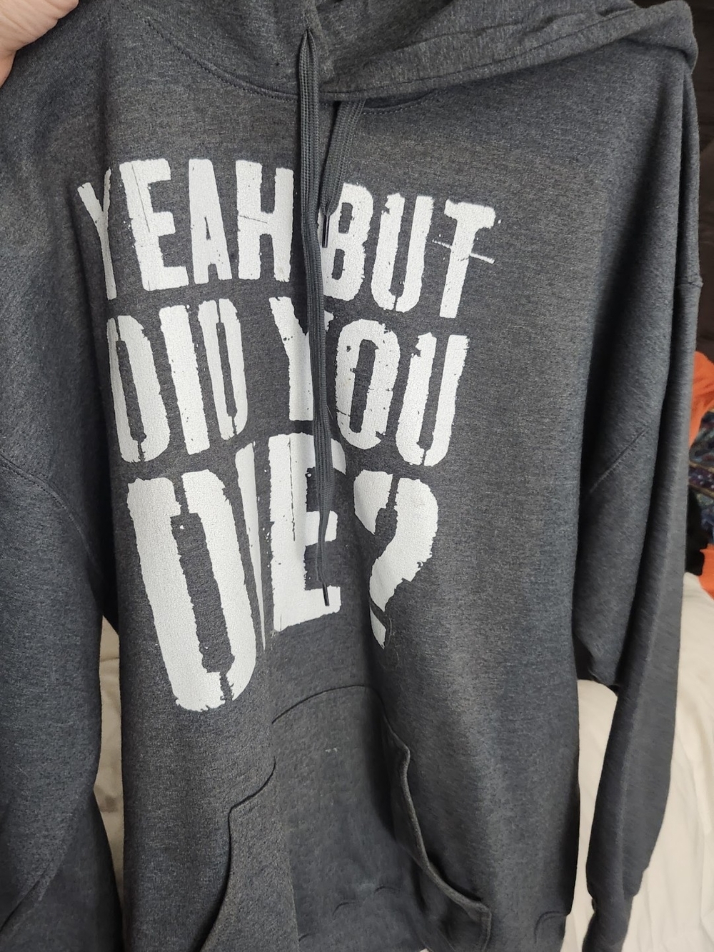 Gildan Dark Gray Hoodie with White Bold Front Graphic